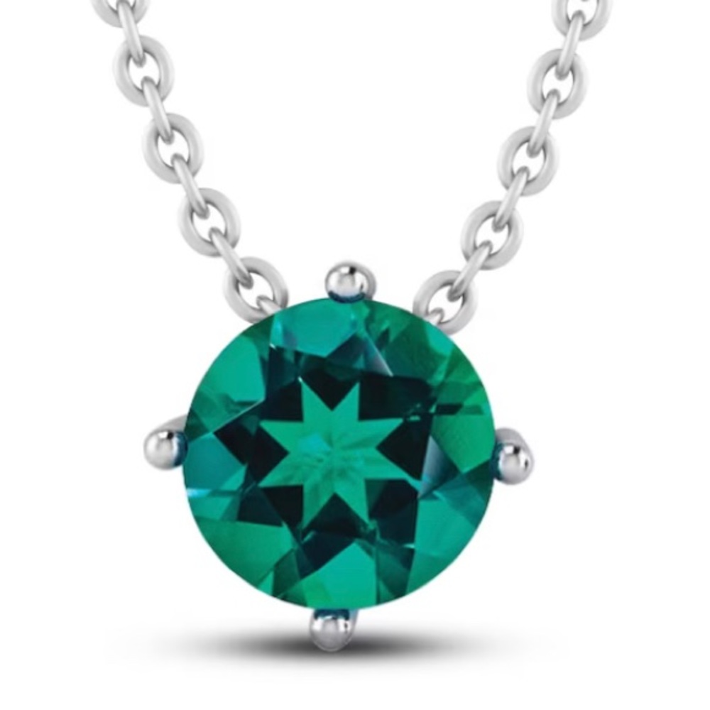 Lab-Created Emerald Solitaire Necklace Round-cut Sterling Silver 18"
